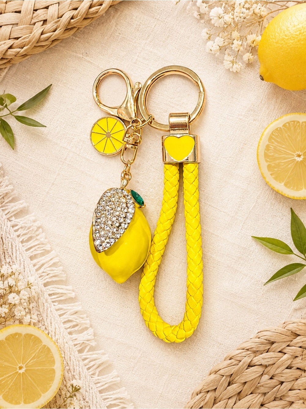 Yellow Lemon Charm Braided Keychain Wristlet